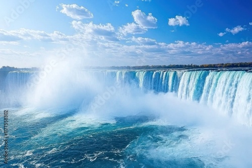 A captivating image of a waterfall taken from a dynamic angle below, emphasizing the power and majesty of the falling water. Mist rises from the base, creating a dreamy, ethereal atmosphere pure