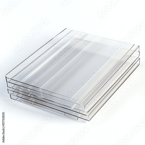 Transparent plastic file holders stacked on a white isolated background.