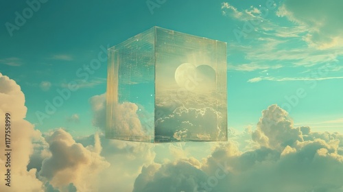 A dreamy floating billboard in the sky featuring poetic motion graphics, photo