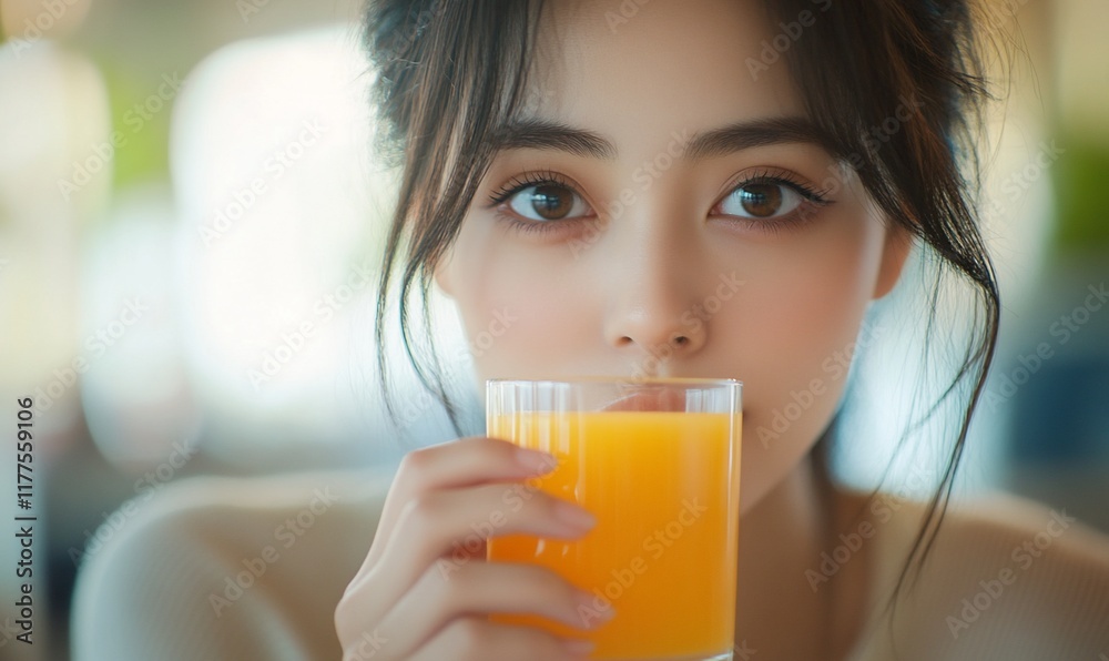 Woman drinking orange juice, cafe setting, close-up, possible stock photo Woman drinking orange juice, cafe setting, close-up, possible stock photo