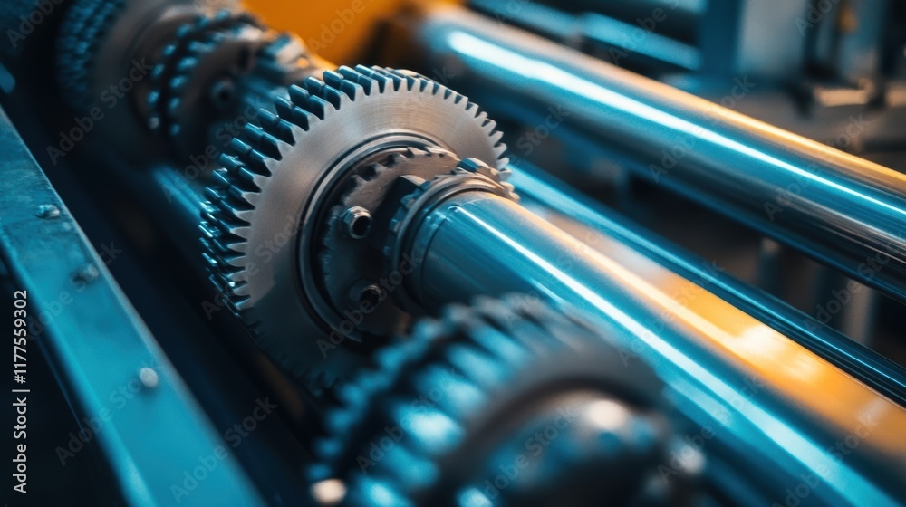 Fototapeta premium Industrial machinery gears rotating, showcasing complex mechanics and precision engineering in a factory setting, highlighted with blue and orange tones