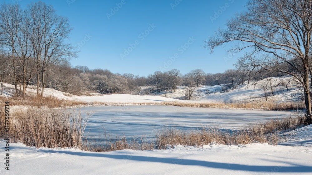 Frozen pond, winter landscape, sunny day, snow-covered park Frozen pond, winter landscape, sunny day, snow-covered park
