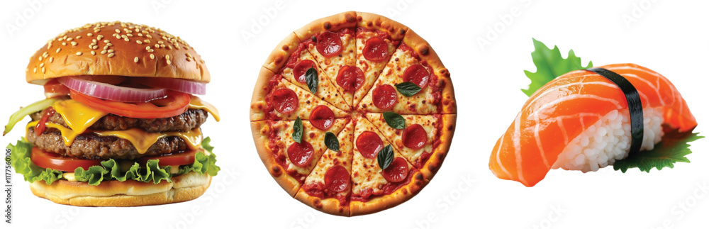 Set of Burger, Pizza, and Sushi – Transparent PNG for Food and Restaurant Designs