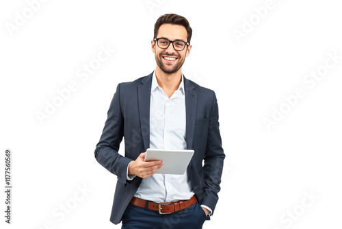 Portrait of a professional, young handsome businessman holding a tablet, isolated on transparent background