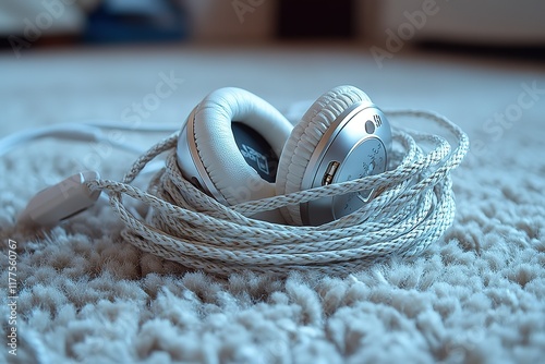 White headphones resting on a fluffy carpet, cord neatly coiled beside them. photo