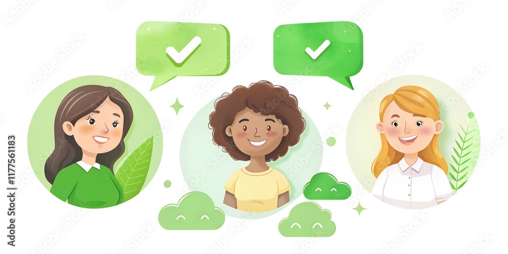 Three cheerful friends sharing positive thoughts about nature and sustainability in a vibrant, green-themed design Three cheerful friends sharing positive thoughts about nature and sustainability in a vibrant, green-themed design