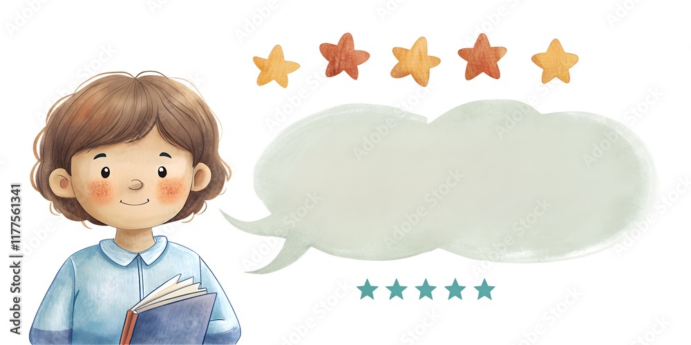 Enthusiastic child sharing thoughts about a beloved book beneath cheerful star ratings Enthusiastic child sharing thoughts about a beloved book beneath cheerful star ratings