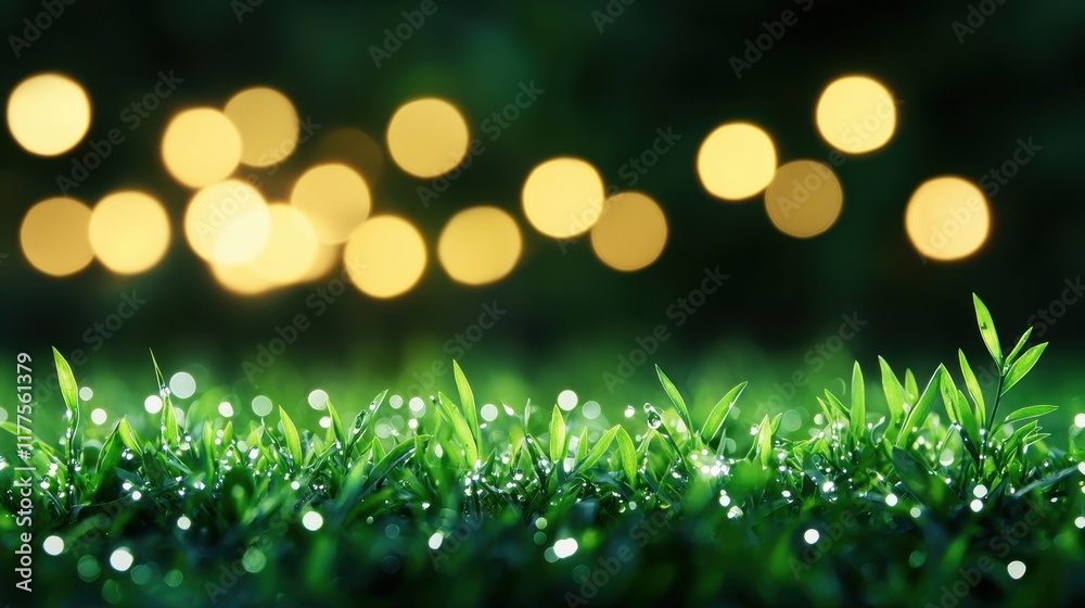 Obraz premium Dewy Grass with Sparkling Drops and Glowing Bokeh Background in Nature Scene