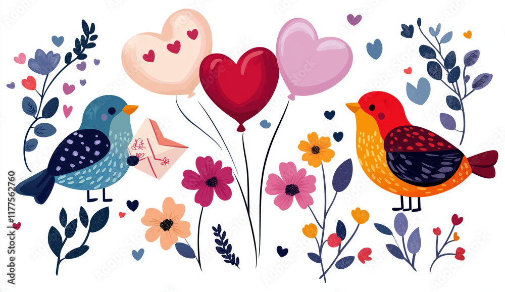 Two colorful birds surrounded by hearts and flowers, celebrating love with balloons in a vibrant, cheerful design. Two colorful birds surrounded by hearts and flowers, celebrating love with balloons in a vibrant, cheerful design.