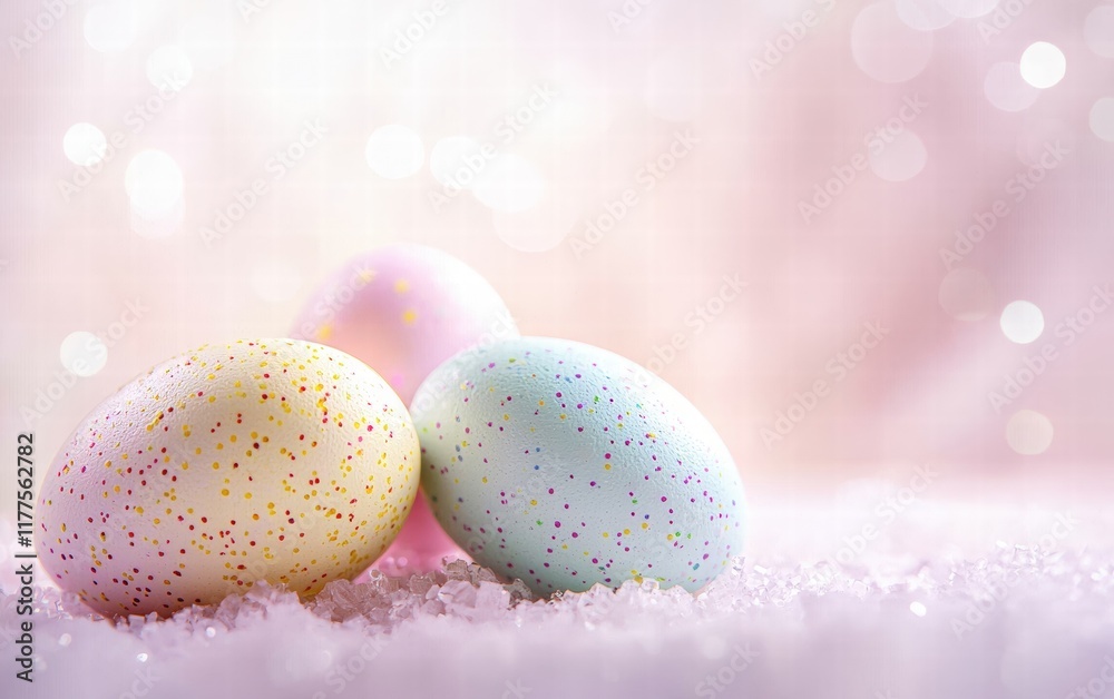 Obraz premium Softly glowing pastel Easter eggs on a light baby pink background