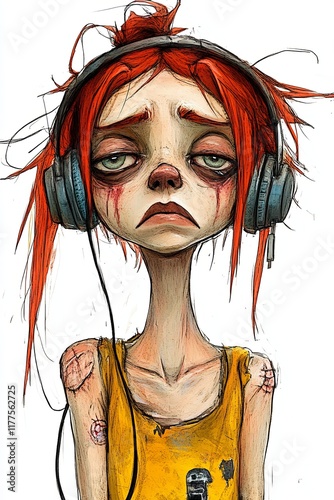 illustration of sad woman with headphones redhair