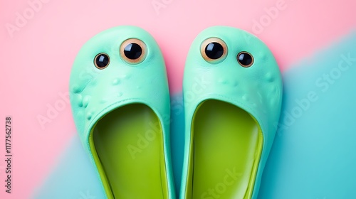 Cartoon frog light green slippers with big eyes on pink and blue background