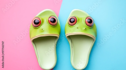 Cartoon frog light green slippers with big eyes on pink and blue background