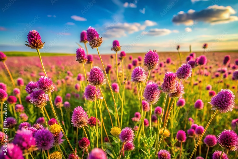 Miniature Prairie Clover Field, Tilt-Shift Photography, Blooming Wildflowers, Summer Meadow, Rural Landscape Miniature Prairie Clover Field, Tilt-Shift Photography, Blooming Wildflowers, Summer Meadow, Rural Landscape