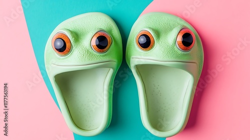 Cartoon frog light green slippers with big eyes on pink and blue background