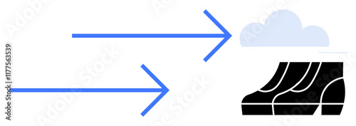 Two blue arrows pointing right towards a cloud and a black server stack indicate cloud computing. Ideal for technology, digital transformation, cloud services, data storage, IT infrastructure