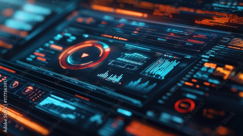 Futuristic control panel displaying manufacturing process data, featuring a prominent play button, interactive graphs, and key performance indicators, illuminated with vibrant orange and blue hues Futuristic control panel displaying manufacturing process data, featuring a prominent play button, interactive graphs, and key performance indicators, illuminated with vibrant orange and blue hues