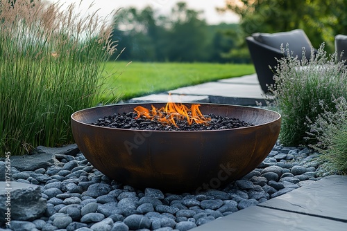 Outdoor fire bowl on patio with stones and plants.