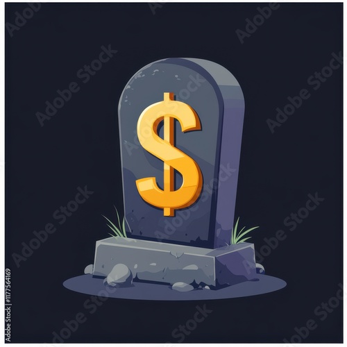 A cartoonish gravestone featuring a golden dollar sign, symbolizing wealth and its fleeting nature. photo