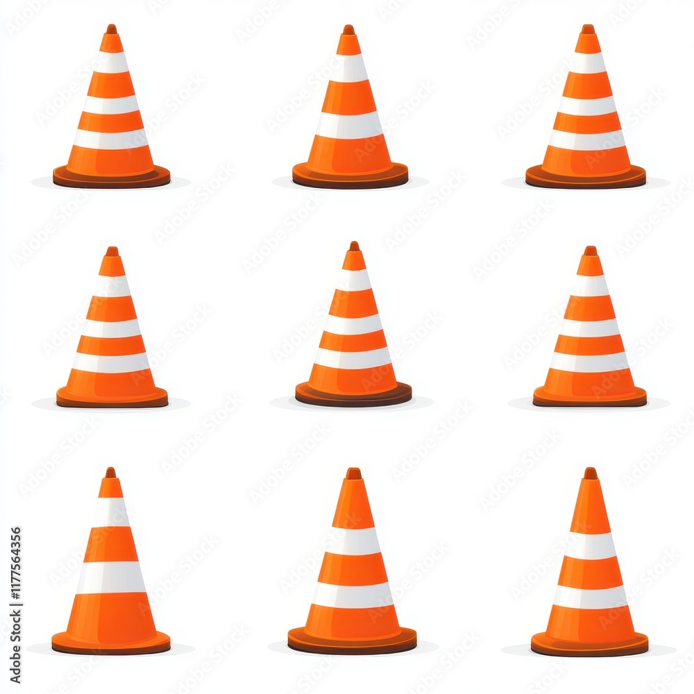A grid of nine vibrant orange traffic cones arranged neatly on a white background. A grid of nine vibrant orange traffic cones arranged neatly on a white background.