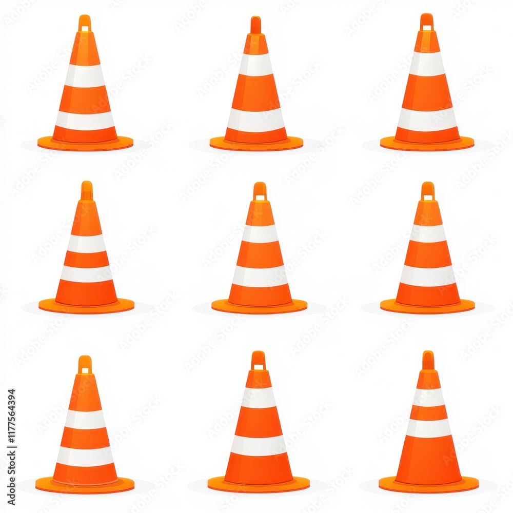 A grid of nine vibrant orange traffic cones with white stripes, showcasing bright colors and a clean design. A grid of nine vibrant orange traffic cones with white stripes, showcasing bright colors and a clean design.