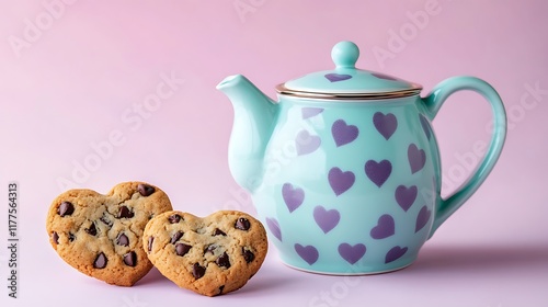 Ceramic teapot near heart shaped chocolate chip cookies on light purple background photo