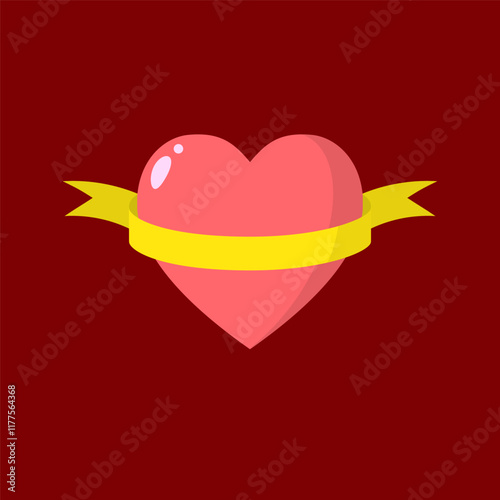 Flat vector illustration of a heart with a yellow ribbon wrapped around it. Ideal for Valentine's Day, love-themed designs, and greeting cards.
