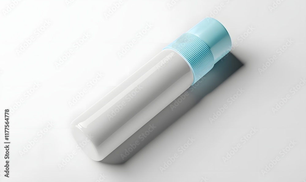White cylindrical bottle with light-blue cap on white background.