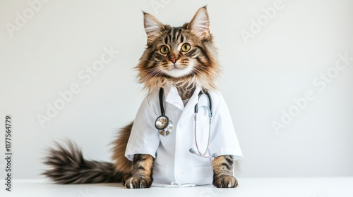 Maine Coon cat dressed in lab coat with stethoscope poses on clean background