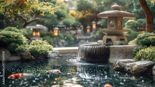 Serene Japanese Garden Oasis with Bubbling Stone Fountain and Bonsai Trees on White Background, Photorealistic Zen Landscape
