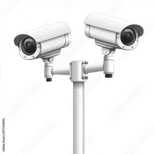 Two white surveillance cameras mounted on a pole, ensuring security and monitoring in public spaces.