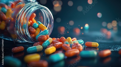 Vibrant capsules spill from a glass jar, showcasing a colorful assortment of medication against a soft, blurred background.