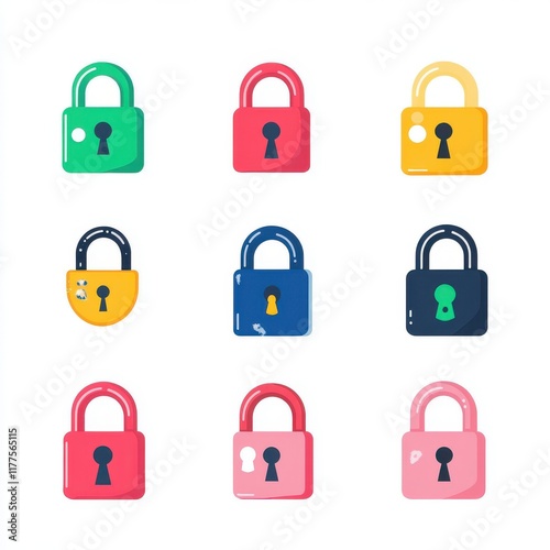 Colorful collection of decorative padlocks in various styles and colors. photo