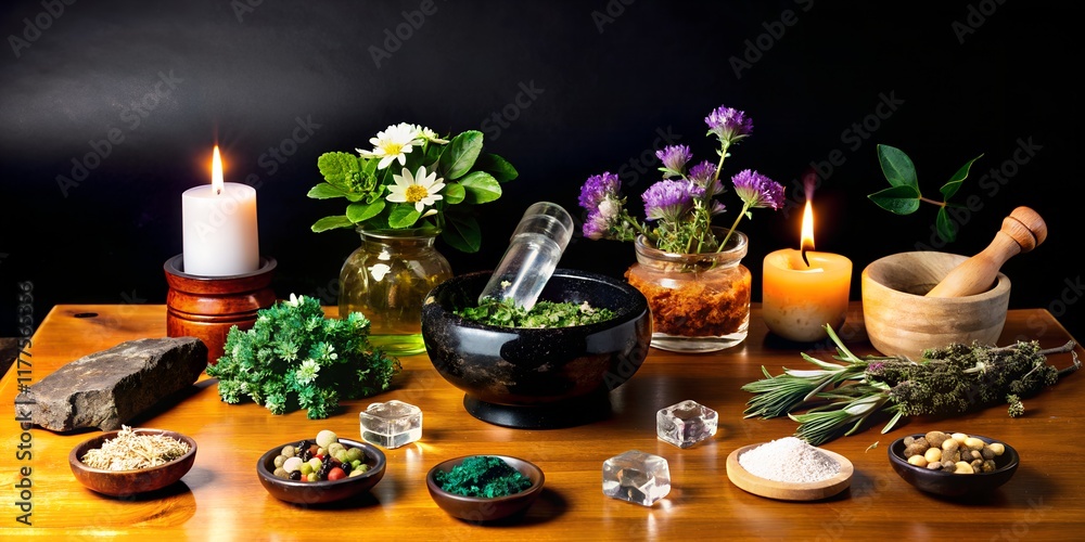 Exploring the art of herbal remedy preparation with fresh ingredients, candles, and natural elements in an inviting, serene environment Exploring the art of herbal remedy preparation with fresh ingredients, candles, and natural elements in an inviting, serene environment