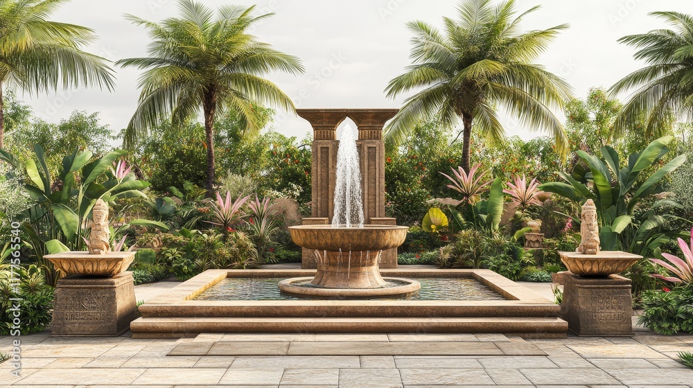 Fototapeta premium Tranquil Egyptian Oasis - Photorealistic Garden with Ancient Stone Jet Fountain, Palm Trees, Lotus Flowers, and Obelisks