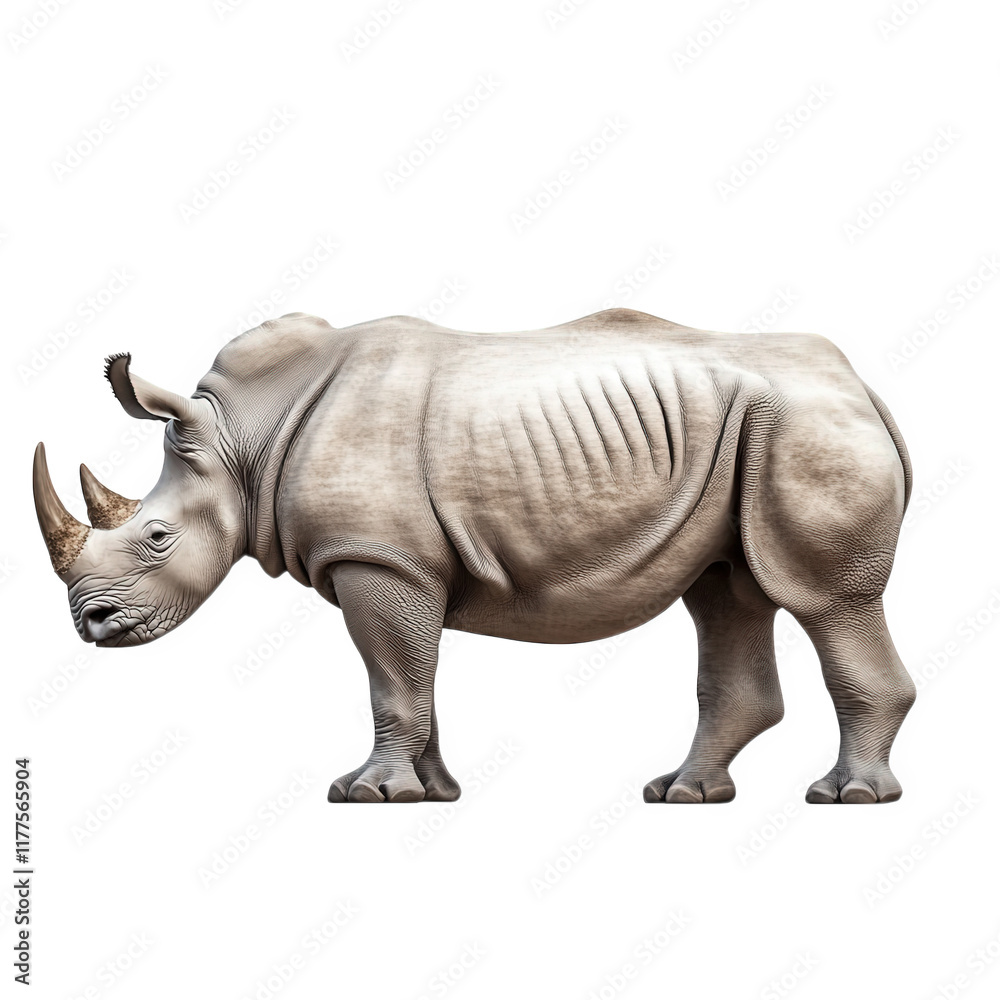 Fototapeta premium realistic depiction of a rhinoceros. showcasing its distinct physical characteristics such as its thick skin and prominent horns the focus on the animal emphasizes its natural form and might serve edu