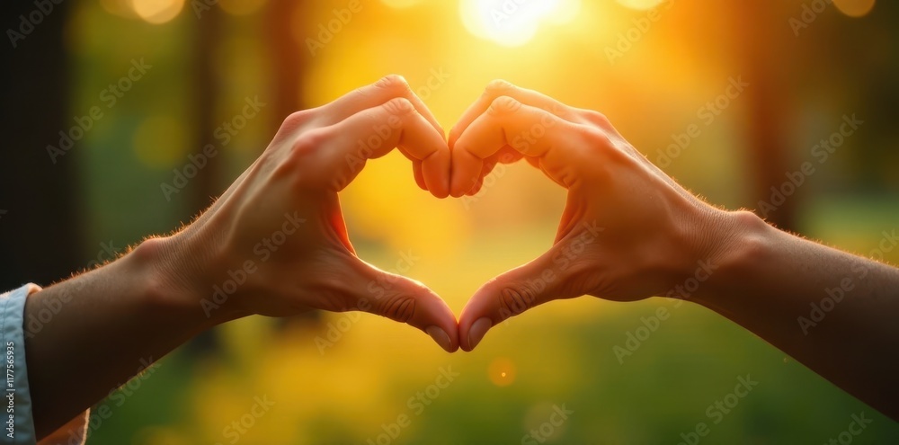 Intertwined hands forming heart, sun flare, blurred foliage, leaves, nature Intertwined hands forming heart, sun flare, blurred foliage, leaves, nature
