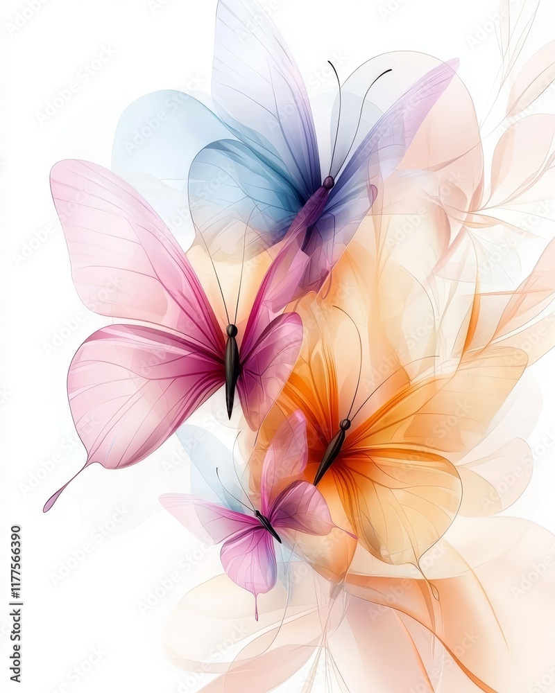 Fototapeta premium Elegant Watercolor Butterflies on Floral Background Delicate Wings Pastel Colors Spring Nature