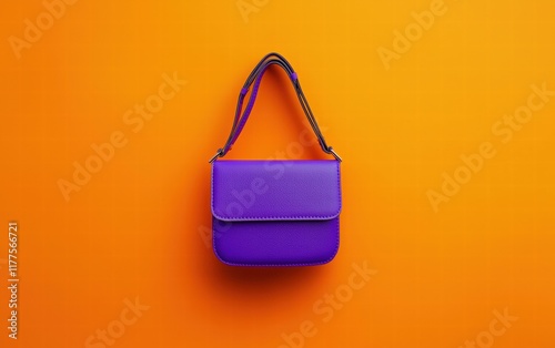 Vibrant purple mini crossbody bag floating on a bright orange background photo