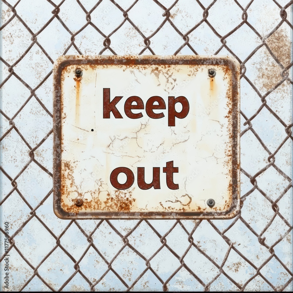 Weathered 'Keep Out' sign mounted on a rusty fence Weathered 'Keep Out' sign mounted on a rusty fence