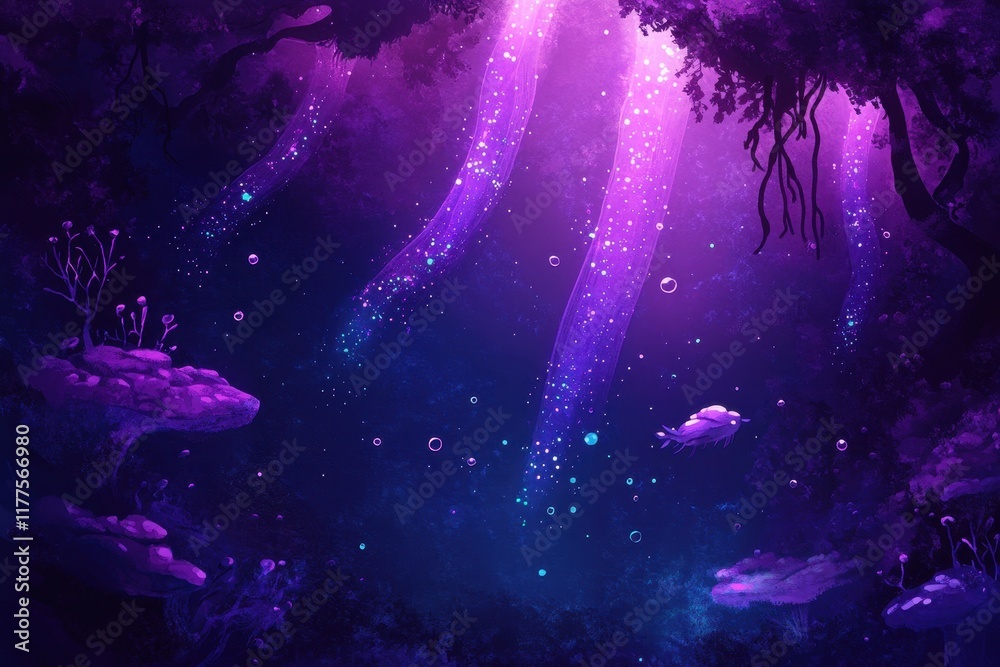 Fototapeta premium Enchanting Underwater Forest With Glowing Lights And Creatures