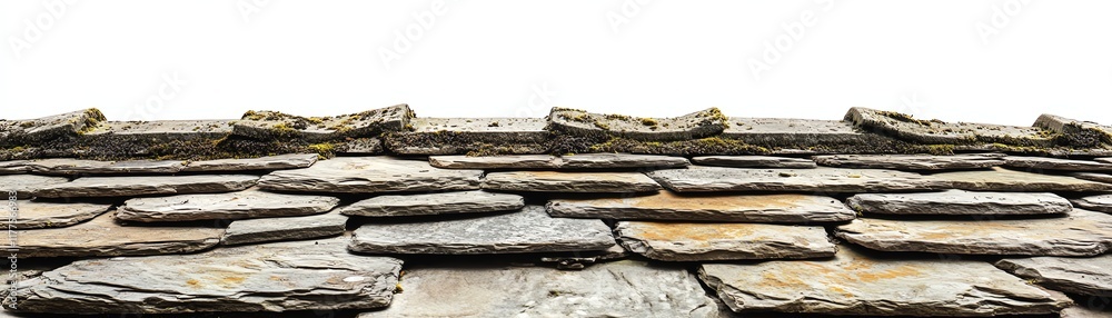 Stone roof edge, white isolated background. Stone roof edge, white isolated background.