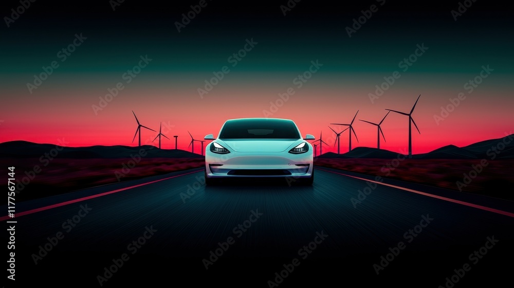 Electric Car with Wind Turbines at Sunset on Open Road with Dramatic Sky Colors