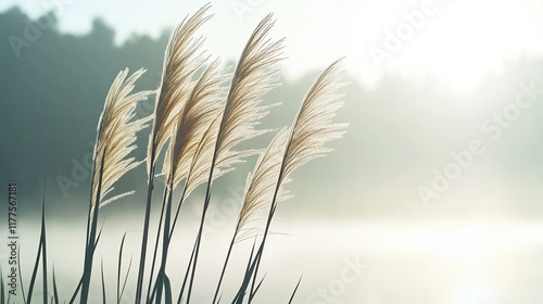 Soft sunlight illuminates tall grasses by a misty water's edge.