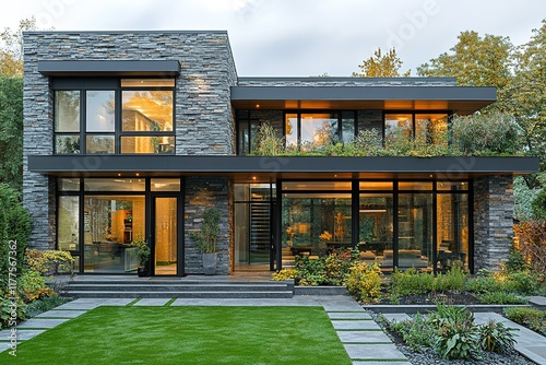 Modern stone house with expansive windows and landscaped yard.
