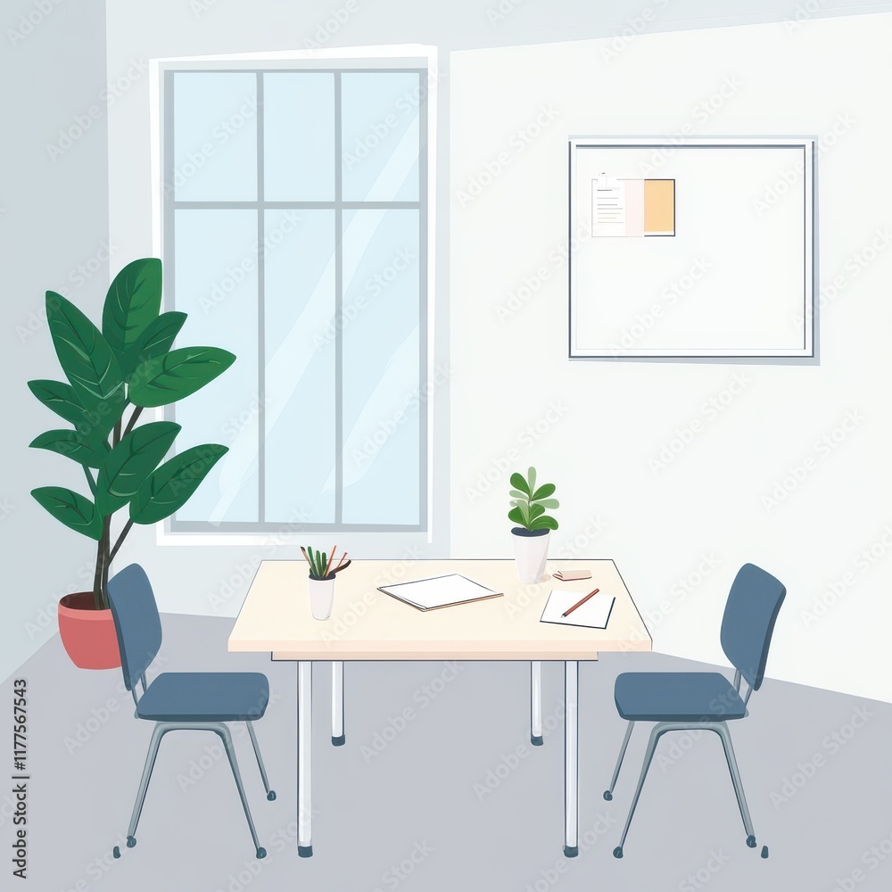 A light and airy office space featuring a table with two chairs, plants, and bright sunlight. A light and airy office space featuring a table with two chairs, plants, and bright sunlight.