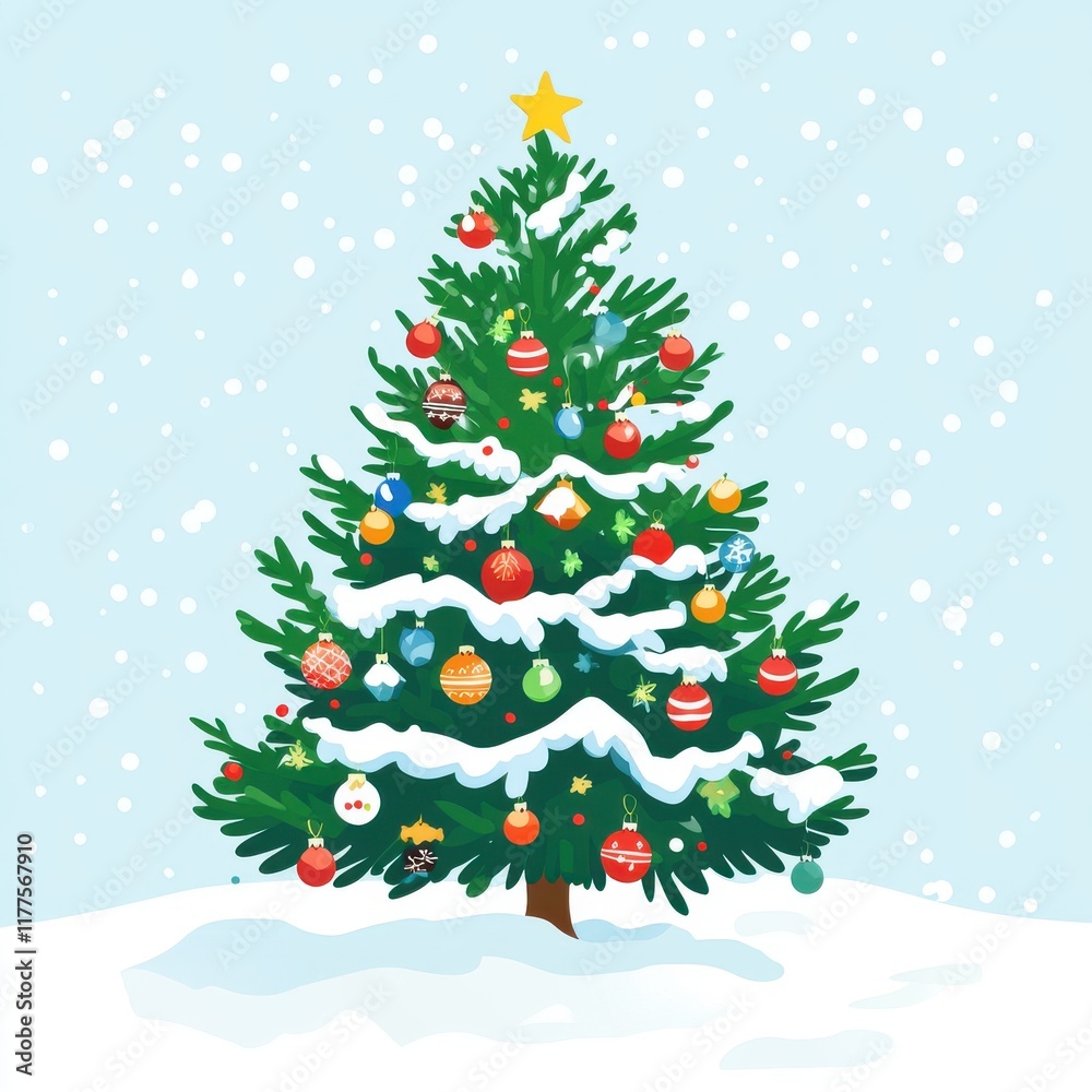 A vibrant decorated Christmas tree in a snowy landscape, exuding festive cheer and seasonal spirit. A vibrant decorated Christmas tree in a snowy landscape, exuding festive cheer and seasonal spirit.