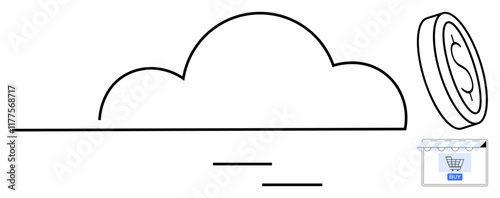 Black outlined cloud connected to a dollar coin and a shopping cart. Ideal for cloud computing, e-commerce, online transactions, digital economy, online shopping, internet services, abstract line