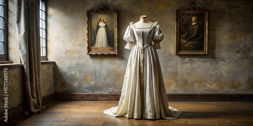 Elegance of a bygone era captured in a stunning historical dress displayed within an ornate museum gallery photo