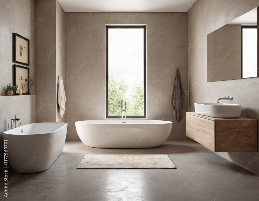Modern bathroom interior with tiles, luxury design, and clean features including a sink, mirror, shower, bathtub, and toilet, in a sleek apartment or hotel setting. Ai generated images Modern bathroom interior with tiles, luxury design, and clean features including a sink, mirror, shower, bathtub, and toilet, in a sleek apartment or hotel setting. Ai generated images
